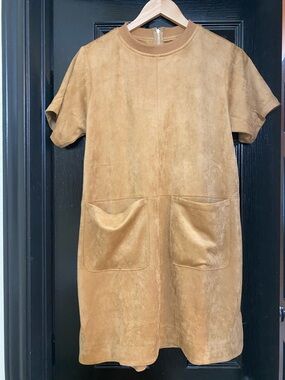 Suede Pocket Mini Dress in Tan